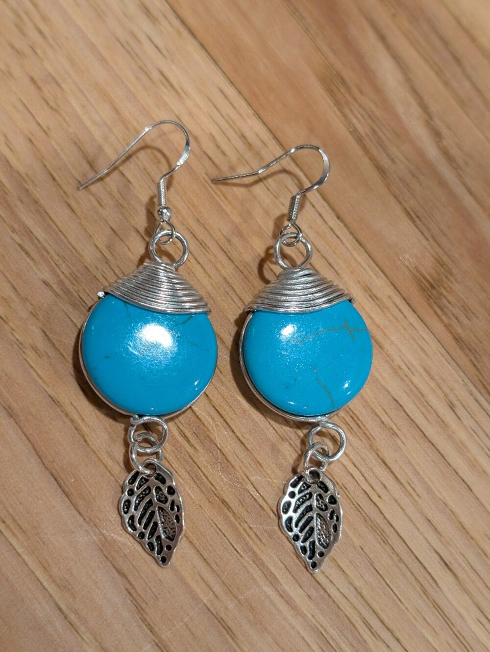 Turquoise Drop Earrings with Silver Wire Accents And Tiny Leaves